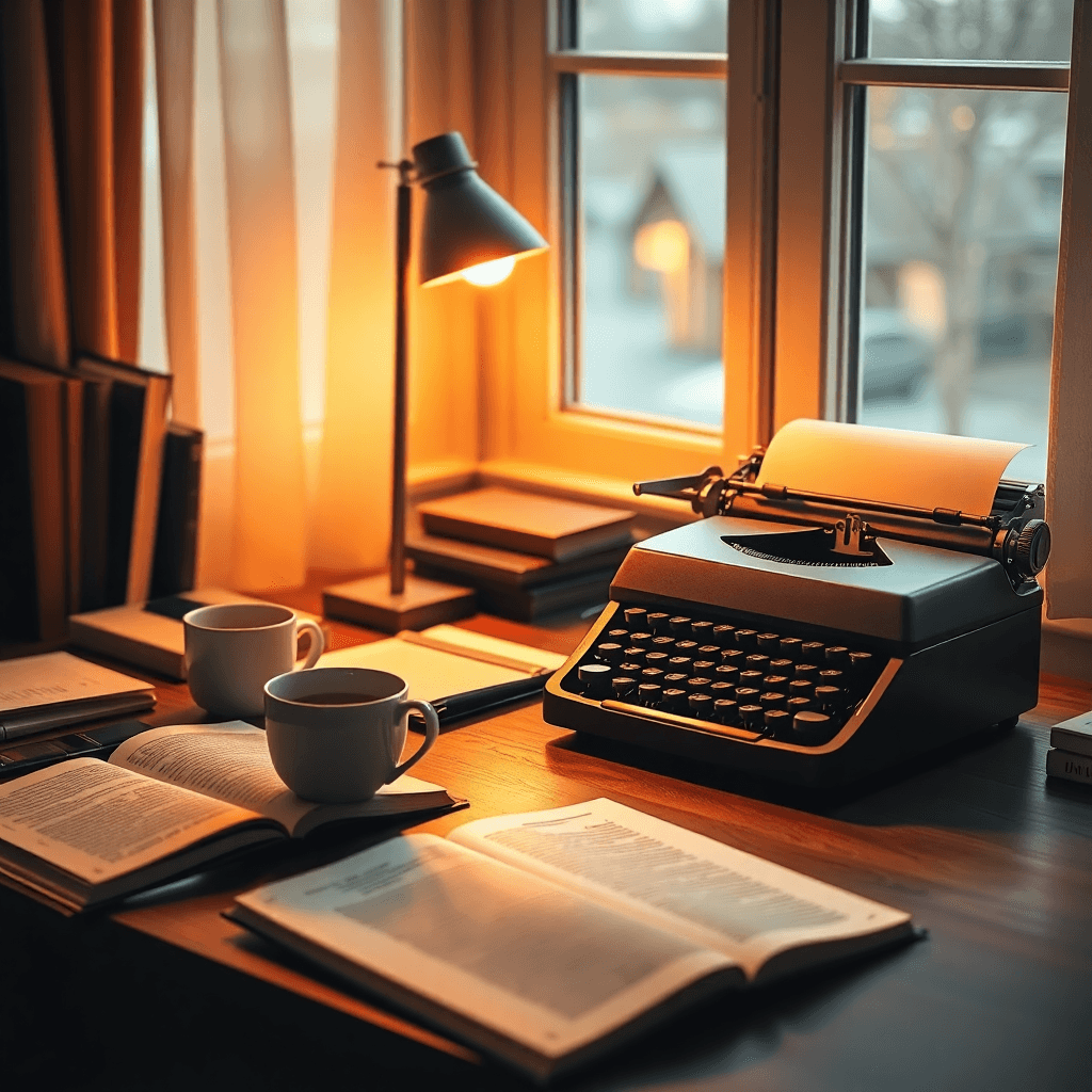 warm cozy writing desk with golden light, open book, vintage typewriter, coffee cup, professional author workspace
