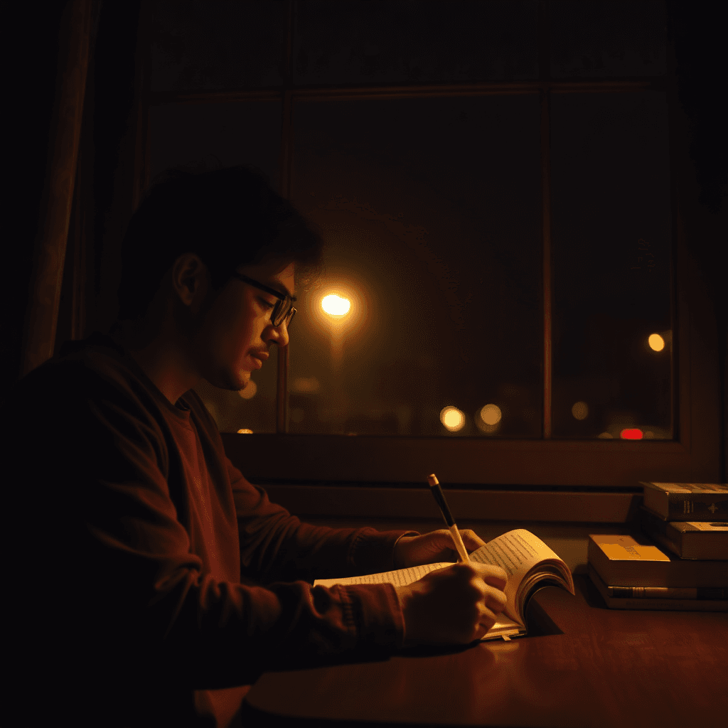 person writing at night with warm light through window, literary atmosphere, soft lighting
