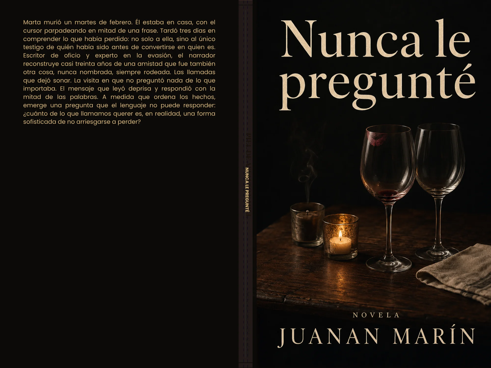 Ejemplo de portada para tapa blanda Amazon KDP: «Nunca le pregunté» de Juanan Marín — frontal, lomo y contraportada en un único archivo PDF listo para subir a KDP